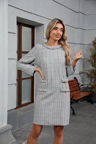 41Fvm0ro4QL.jpg Women's Long Sleeve Tweed Mini Dress Business Work Short Dress Elegant Cute Party Dresses