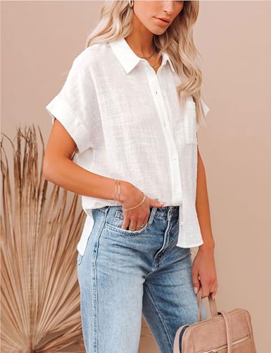 41GC1EOjCIL.jpg Womens Summer Cotton Linen Short Sleeve Button Down Shirt Collared V-Neck Loose Fit Blouse Beach Office Tops