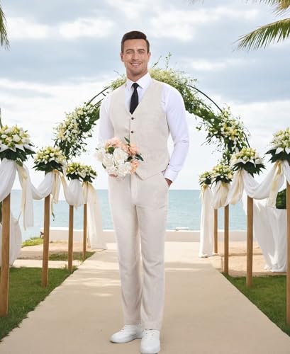 41Gly-S-qtL.jpg Casual Linen Beige Men's 2 Piece Suits Wedding Suits Slim Fit Groomsmen Tuxedos Prom Waistcoat Summer Linen Vest+Pant