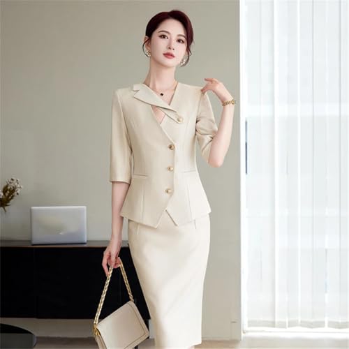 41Gz9ecvEHL.jpg Women's Spring and Summer Solid Single-Breasted Half-Sleeved Slim Suit Jacket and Skirt Two-Piece Set