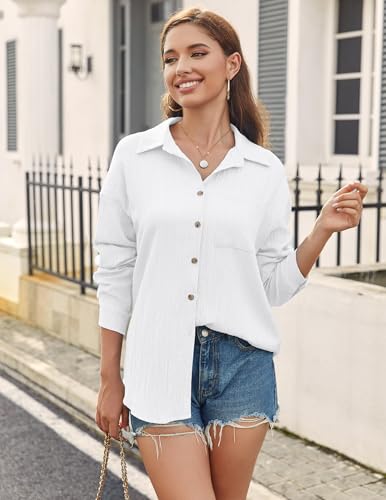 41HIABwgGbL.jpg Womens Button Down Shirts Casual Long Sleeve Blouses V Neck Dress Shirt Textured Collared Work Tops with Pocket