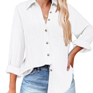 Womens Button Down Shirts Casual Long Sleeve Blouses V Neck Dress Shirt Textured Collared Work Tops with Pocket