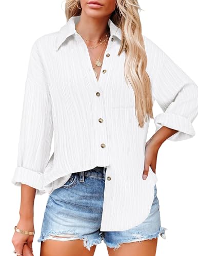41HZVlPN6L.jpg Womens Button Down Shirts Casual Long Sleeve Blouses V Neck Dress Shirt Textured Collared Work Tops with Pocket