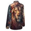 41Hgsd4hGdL.jpg Wild Animals Lion Flowers Women's Button Down Shirts V Neck Long Sleeve Blouses Loose T-Shirt Tops