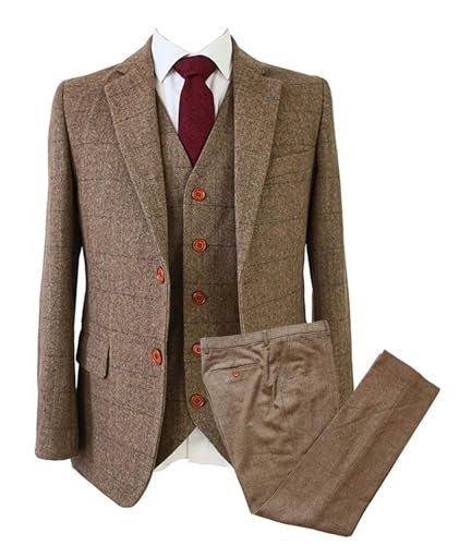 41IAP9M9fUL.jpg Vintage Men's Suit 3 Piece Plaid Tweed Herringbone Suits for Wedding Business Blazer Vest Pants