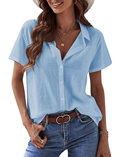 41IJE2UGQ9L.jpg Short Sleeve Shirts for Women - Button Down Business Casual Tops Summer Cotton Linen Blouses Breathable V Neck T Shirt