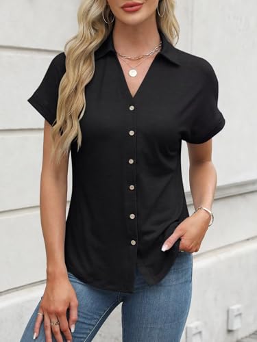 41IhTh3Og7L.jpg Women's Short Sleeve Polo Tops Summer Button Down Collared T Shirts Casual Cute Ladies Tees