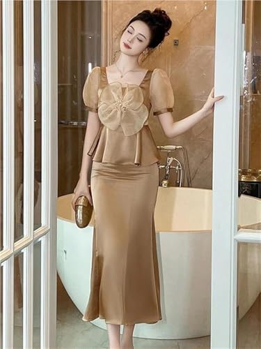 41IsXsBMA9L.jpg Satin 2 Piece Outfit Women Elegant Corset Top High Waist Fishtail Skirt Set Long Blouse Shirt Evening Dress Suit