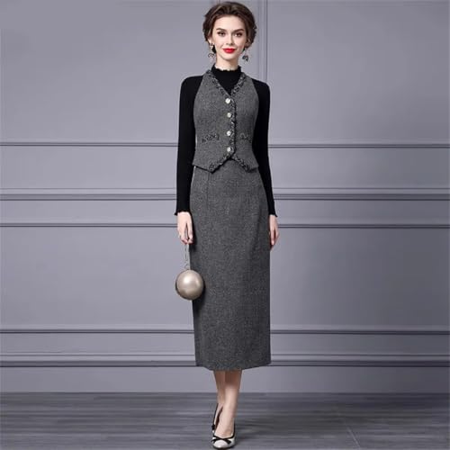41J1xH2CWPL.jpg Women Elegant Office and Business Suit V-Neck Long-Sleeved Single-Breasted Tank Skirt 2 Piece Set