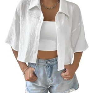 41JRcwxPNrL.jpg Women's Oversized Button Down Short Sleeve Shirt Textured Collared Crop Top Blouse