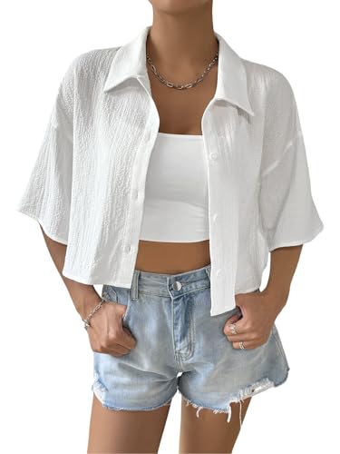 Women's Oversized Button Down Short Sleeve Shirt Textured Collared Crop Top Blouse