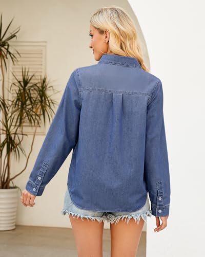41JY0gebbmL.jpg Denim Button Down Shirts for Women Long Sleeve Lightweight Western Relaxed Single Pocket Jean Shirt Shacket Top