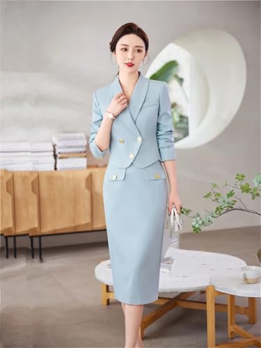 Women Solid Long Sleeve Shawl Collar Cropped Suit Jacket High Waist Wrap Hip Midi Pencil Skirts 2 Pieces Set
