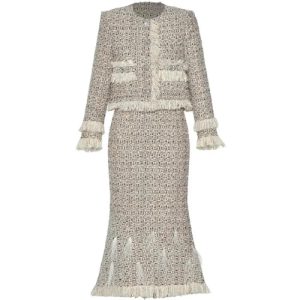 41JjIg8UpVL.jpg Women Suit Long-Sleeved Tasserl Short Coat Pretty Slim-Fit Hip Wrap Skirt Two Piece Set