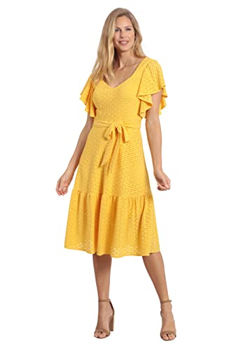 41Jkl5od9yL.jpg Women's Knit Eyelet Flutter Sleeve Belted Tiered Midi Dress Office Career Garden Party Day Guest of