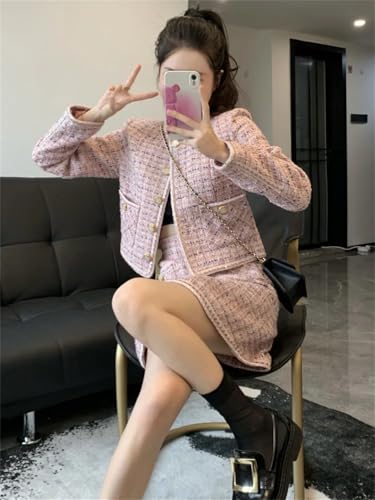 41KQ040dwML.jpg Women Crop Top Woolen Short Jacket Coat Mini Skirts Sets Pink Two Piece Suits