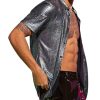 41KeGaTErKL.jpg Men's 70s Sparkly Disco Top Crocodile Pattern Metallic Rave Button Down Shirt Short Sleeve Party T Shirt