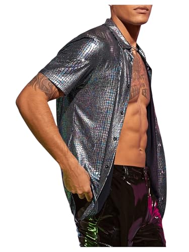 41KeGaTErKL.jpg Men's 70s Sparkly Disco Top Crocodile Pattern Metallic Rave Button Down Shirt Short Sleeve Party T Shirt