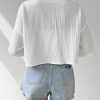 Women's Oversized Button Down Short Sleeve Shirt Textured Collared Crop Top Blouse