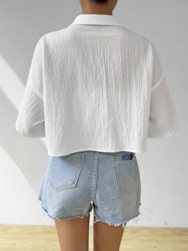 Women's Oversized Button Down Short Sleeve Shirt Textured Collared Crop Top Blouse