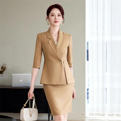 41LmrP4ZIBL.jpg Women's Solid Lapel Button Half-Sleeved Slim Office Suit Jacket and Skirt Two-Piece Set