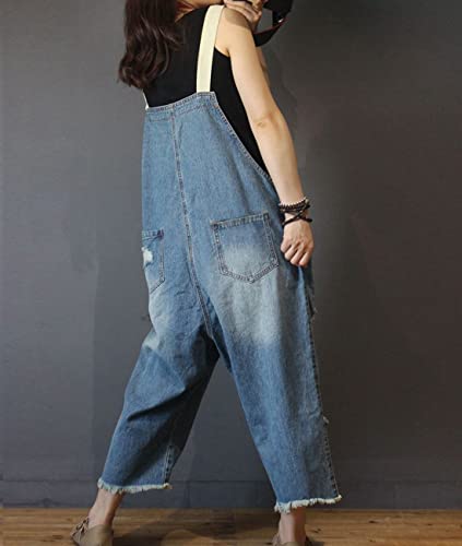 41LqKyw4jL.jpg Women Casual Loose Cropped Denim Jumpsuits Rompers Jeans Overalls Distressed Ripped Fringed/Pockets P49