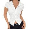 41LuvuFp28L.jpg Women's Short Sleeve Button Down Ruched T Shirt Fitted Crop Top