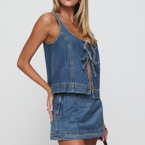 41LvKdO4bkL.jpg Women's 2 Piece Denim Outfits Tie Up Sleeveless Top Shorts Set Tracksuit Y2k Two Piece Jeans Set Vacation Outfits