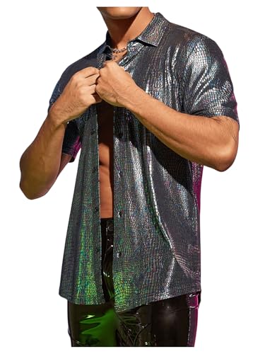 41MW7WK008L.jpg Men's 70s Sparkly Disco Top Crocodile Pattern Metallic Rave Button Down Shirt Short Sleeve Party T Shirt