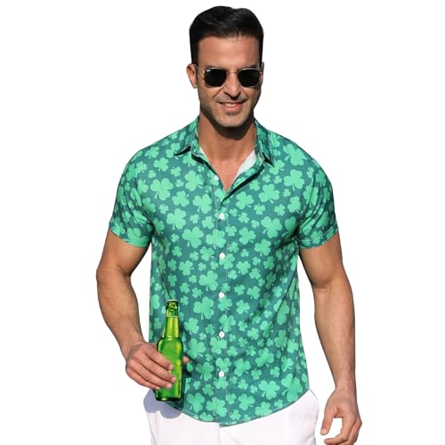 41Moa4P97XL.jpg Mens St. Patrick's Day Shirt Hawaiian Shirts for Women Irish Clover Printed Casual Short Sleeve Button Beach Top Costume