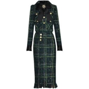 41NbTN-LRML.jpg Women Winter Plaid Tweed Skirts Suit Bow Beading Long Sleeve Jacket Tassel Skirt 2 Pieces Set