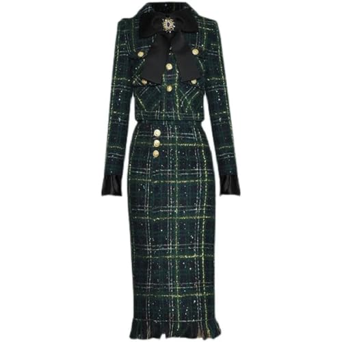 41NbTN-LRML.jpg Women Winter Plaid Tweed Skirts Suit Bow Beading Long Sleeve Jacket Tassel Skirt 2 Pieces Set