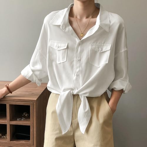 41PWb16Wl9L.jpg Womens Button Down V Neck Shirts 3/4 Sleeve Tie Front Loose Office Business Shirt Blouse Summer Casual Tops