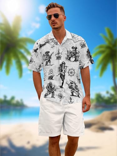 41Q7MCzefJL.jpg Funny Pirate Hawaiian Shirt Men's Aloha Shirt Summer Beach Vacation Short Sleeve Casual Button Down Shirt