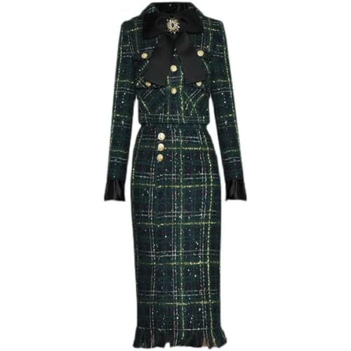 41QDotvmvrL.jpg Women Winter Plaid Tweed Skirts Suit Bow Beading Long Sleeve Jacket Tassel Skirt 2 Pieces Set