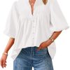 Women's 2025 Summer Short Lantern Sleeve Tops Loose Fit Button Down Shirt Pleated V Neck Blouses Trendy Clothes