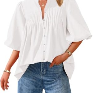 41QKA3q3L.jpg Women's 2025 Summer Short Lantern Sleeve Tops Loose Fit Button Down Shirt Pleated V Neck Blouses Trendy Clothes