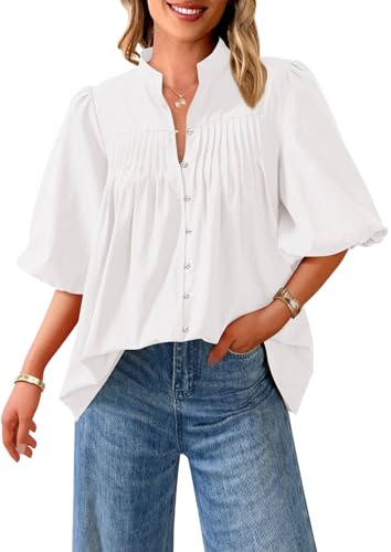 Women's 2025 Summer Short Lantern Sleeve Tops Loose Fit Button Down Shirt Pleated V Neck Blouses Trendy Clothes