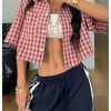41QORcGG1QL.jpg Women's Button Down Vintage Plaid Shirts Short Sleeve Crop Blouses Preppy Clothes