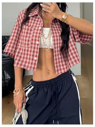 41QORcGG1QL.jpg Women's Button Down Vintage Plaid Shirts Short Sleeve Crop Blouses Preppy Clothes