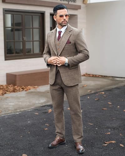 41QUkRLRtoL.jpg Vintage Men's Suit 3 Piece Plaid Tweed Herringbone Suits for Wedding Business Blazer Vest Pants