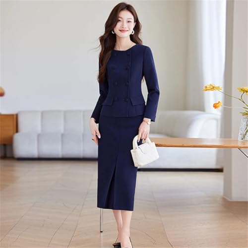 41QY0PS2ZL.jpg Women 2 Pieces Set Double Breasted Blazer Elegant A Line Knee Length Slit Stirts Women Work Wear