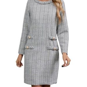 41QiYiztxXL.jpg Women's Long Sleeve Tweed Mini Dress Business Work Short Dress Elegant Cute Party Dresses