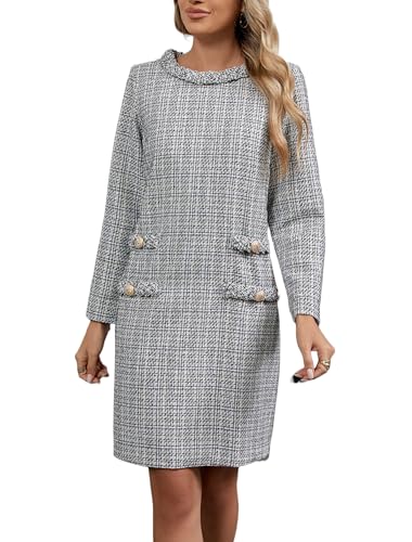 41QiYiztxXL.jpg Women's Long Sleeve Tweed Mini Dress Business Work Short Dress Elegant Cute Party Dresses