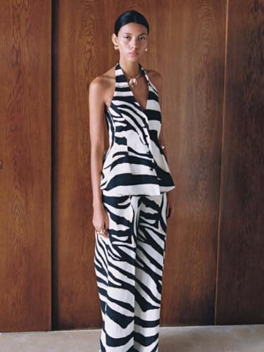 Pants Sets 2 Piece Outfits for Women Zebra Print Halter Vest Top and Wide Leg Pants Dailywear Summer Vacation Sets