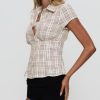 41RMnYCu53L.jpg Women Y2K Cap Sleeve Button Down Shirt Slim Fit Crop Coquette Shirt V Neck 90s Vintage Preppy Blouse Top