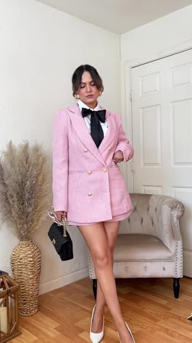 41S1xmLFh9L.jpg Womens 2 Piece Tweed Blazer Shorts Sets Long Sleeve Double Breasted Suit Jackets Business Outfit