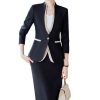 41SGZ03qJL.jpg Women Business Suits V-Neck Single Button Slim Fit Formal Blazer Midi Wrap Hip Pencil Skirt 2 Piece Sets