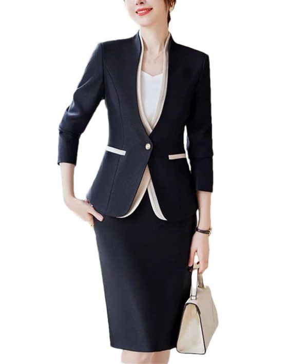41SGZ03qJL.jpg Women Business Suits V-Neck Single Button Slim Fit Formal Blazer Midi Wrap Hip Pencil Skirt 2 Piece Sets