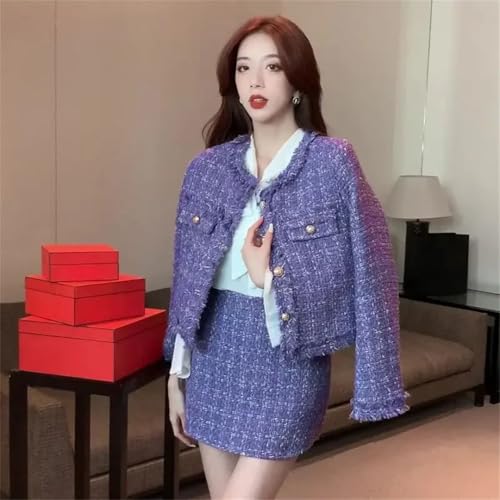 41SoaUxu1WL.jpg Women's Tweed Two Pieces Set Winter Long Sleeves Jacket Coat + Office Skirt Suits
